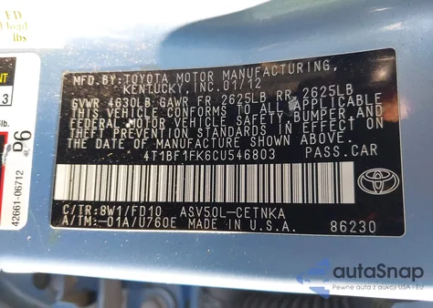 2012 Toyota Camry Le z USA, uszkodzony, nr VIN 4T1BF1FK6CU546803